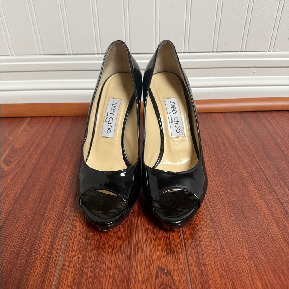 Jimmy Choo Glossy Black Peep Toe Heels